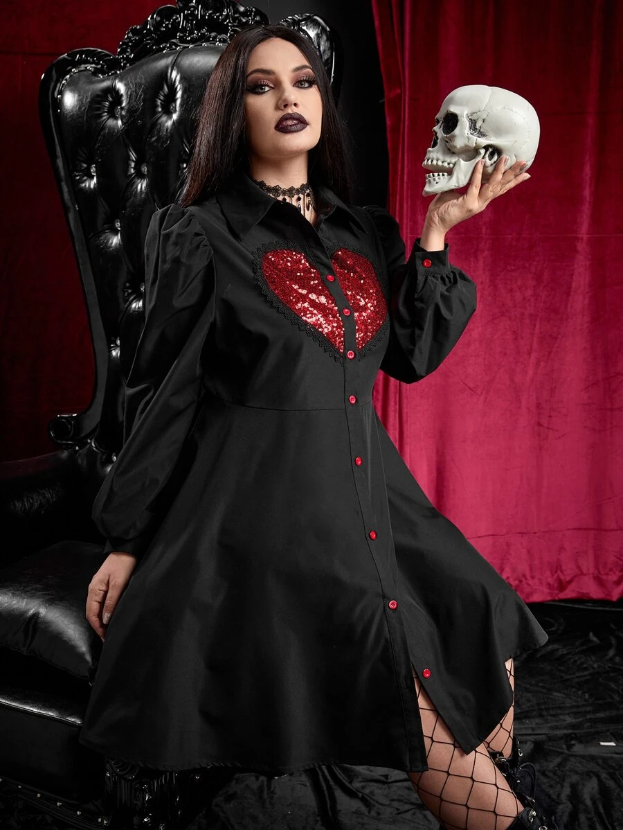 ROMWE PUNK 大碼心亮片燈籠袖襯衫洋裝