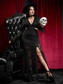 ROMWE PUNK Plus Plunge Neck Cut Out Split Thigh Lace Dress - Black - View 1