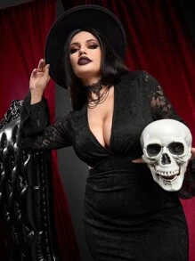 ROMWE PUNK Plus Plunge Neck Cut Out Split Thigh Lace Dress - Black - View 3