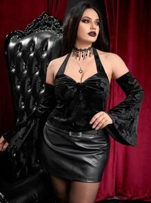 ROMWE PUNK Plus Floral Jacquard Halter Neck Backless Velvet Top With Arm Sleeves - Black - View 6