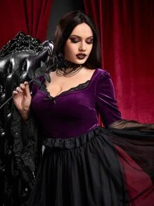 ROMWE PUNK Camiseta ribete con encaje escote corazón de terciopelo - Morado - Ver 1