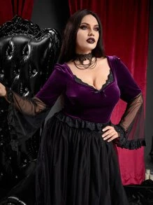 ROMWE PUNK Camiseta ribete con encaje escote corazón de terciopelo - Morado - Ver 4