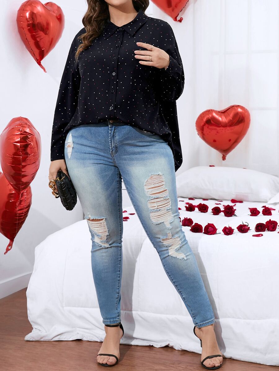 SHEIN LUNE Camisa de lunares con botón delantero - Negro - Ver 1