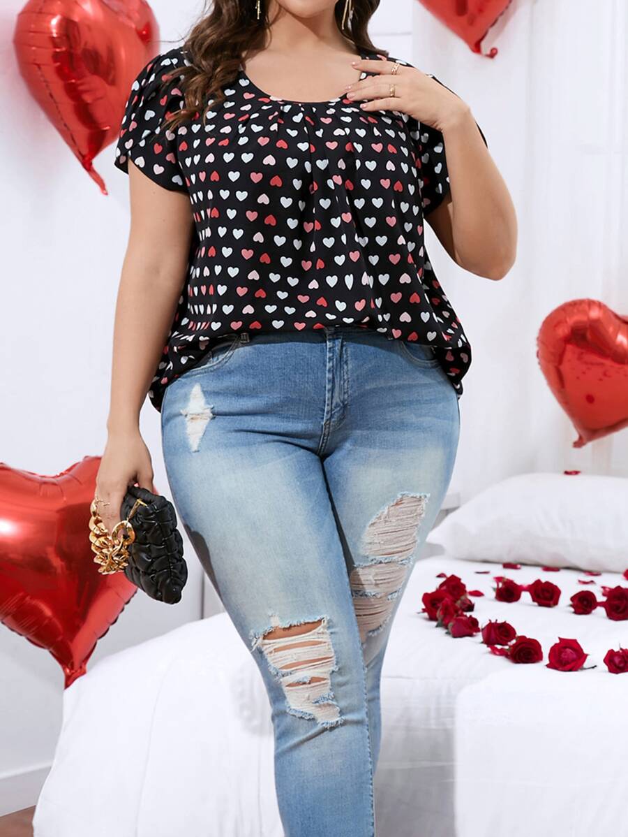 SHEIN LUNE Plus Heart Print Batwing Sleeve Chiffon Blouse - Multicolor - View 1