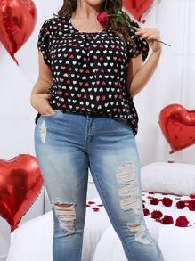 SHEIN LUNE Plus Heart Print Batwing Sleeve Chiffon Blouse - Multicolor - View 3