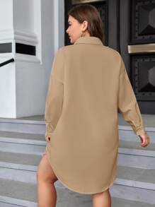 SHEIN Essnce Plus Drop Shoulder Curved Hem Shirt Dress Without Belt - Khaki - View 2