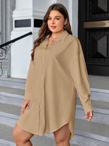 SHEIN Essnce Plus Drop Shoulder Curved Hem Shirt Dress Without Belt - Khaki - View 4