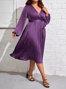 SHEIN Privé Đầm Plus Size Trọn gói Thắt lưng Xếp li màu trơn Thanh lịch - Màu tím - Xem 1