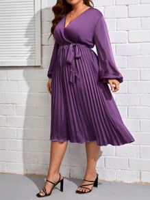 SHEIN Privé Đầm Plus Size Trọn gói Thắt lưng Xếp li màu trơn Thanh lịch - Màu tím - Xem 3