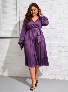 SHEIN Privé Đầm Plus Size Trọn gói Thắt lưng Xếp li màu trơn Thanh lịch - Màu tím - Xem 5