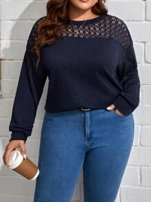 SHEIN LUNE Plus Contrast Lace Drop Shoulder Sweatshirt In Fall/Winter - Navy Blue - View 1