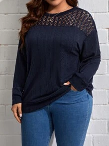 SHEIN LUNE Plus Contrast Lace Drop Shoulder Sweatshirt In Fall/Winter - Navy Blue - View 3