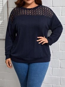 SHEIN LUNE Plus Contrast Lace Drop Shoulder Sweatshirt In Fall/Winter - Navy Blue - View 5