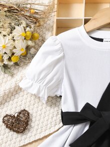 Young Girl Black And White Colorblock Elegant And Vintage Princess Sleeve Mini Dress With Light Luxury And Simple Design For Summer,Holiday,Summer,Travel