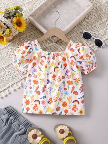 小女童印花泡泡袖襯衫 - 白色 - 查看 1