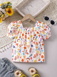 小女童印花泡泡袖襯衫 - 白色 - 查看 2