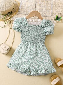 SHEIN Young Girl Ditsy Floral Print Puff Sleeve Ruffle Hem Romper - Green - View 1