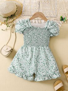 SHEIN Young Girl Ditsy Floral Print Puff Sleeve Ruffle Hem Romper - Green - View 2