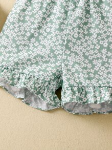 SHEIN Young Girl Ditsy Floral Print Puff Sleeve Ruffle Hem Romper - Green - View 6