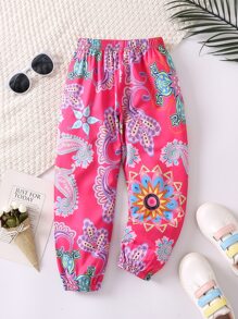 SHEIN 女孩夏季粉紅佩斯利印花哈倫褲 - 粉色 - 查看 1