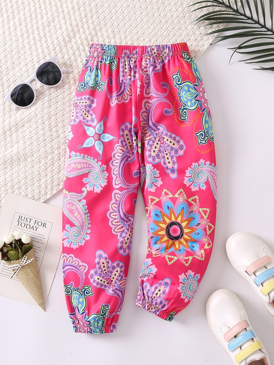 SHEIN 女孩夏季粉紅佩斯利印花哈倫褲 - 粉色 - 查看 1