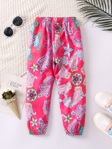 SHEIN 女孩夏季粉紅佩斯利印花哈倫褲 - 粉色 - 查看 2