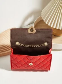 Túi đeo chéo dây xích chần bông mini, Ví nắp gập trang trí trái tim, Túi xách nữ hình vuông xinh xắn, Túi vuông dây chuyền chần bông trang trí trái tim màu đỏ - Đỏ - Xem 2