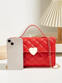 Túi đeo chéo dây xích chần bông mini, Ví nắp gập trang trí trái tim, Túi xách nữ hình vuông xinh xắn, Túi vuông dây chuyền chần bông trang trí trái tim màu đỏ - Đỏ - Xem 3