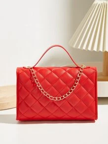 Túi đeo chéo dây xích chần bông mini, Ví nắp gập trang trí trái tim, Túi xách nữ hình vuông xinh xắn, Túi vuông dây chuyền chần bông trang trí trái tim màu đỏ - Đỏ - Xem 4