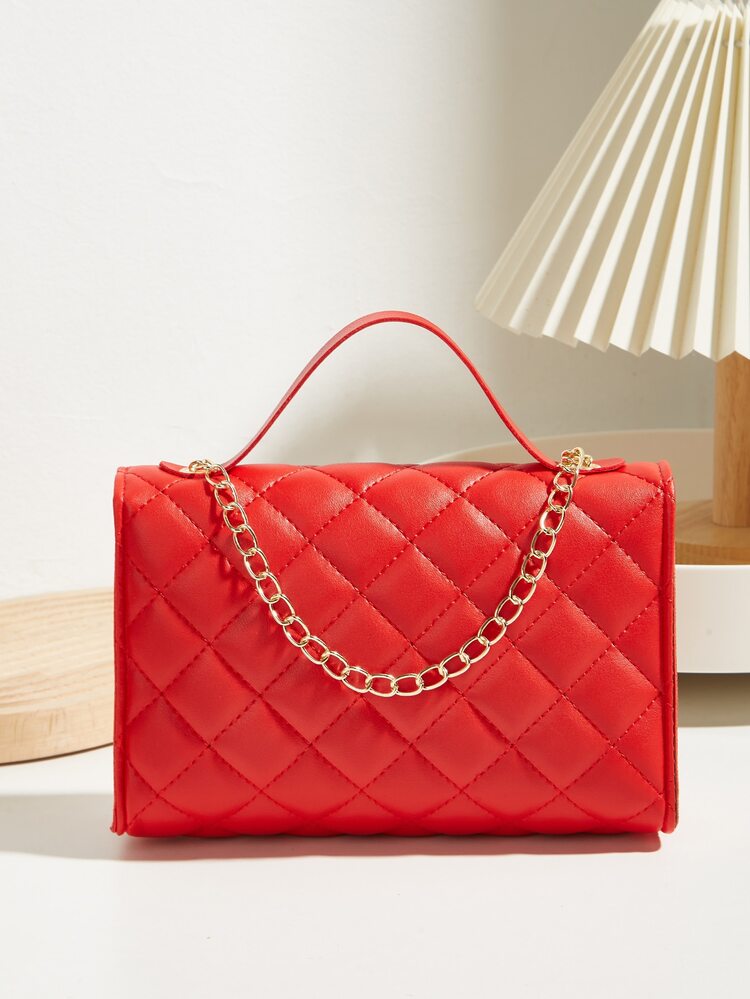 迷你絎縫鏈條斜挎包，心形裝飾翻蓋錢包，女士可愛方形手提包，紅色心形裝飾絎縫翻蓋鏈條方形包 - 紅色 - 查看 4