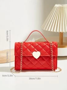 Túi đeo chéo dây xích chần bông mini, Ví nắp gập trang trí trái tim, Túi xách nữ hình vuông xinh xắn, Túi vuông dây chuyền chần bông trang trí trái tim màu đỏ - Đỏ - Xem 5