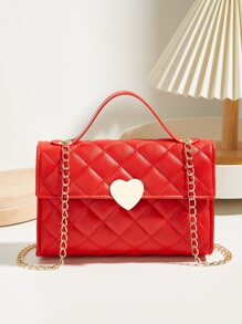 Túi đeo chéo dây xích chần bông mini, Ví nắp gập trang trí trái tim, Túi xách nữ hình vuông xinh xắn, Túi vuông dây chuyền chần bông trang trí trái tim màu đỏ - Đỏ - Xem 6