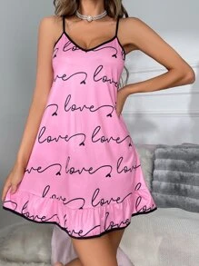 Vestido de dormir de tirantes con estampado de letra bajo con fruncido - Rosa - Ver 1