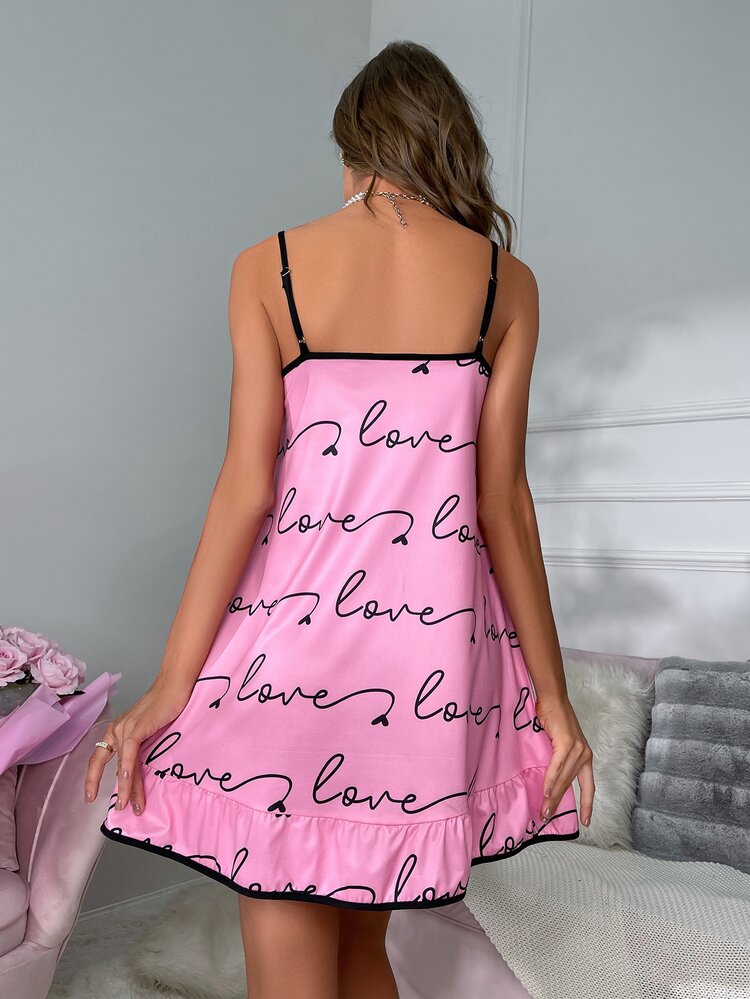 Vestido de dormir de tirantes con estampado de letra bajo con fruncido - Rosa - Añade 2