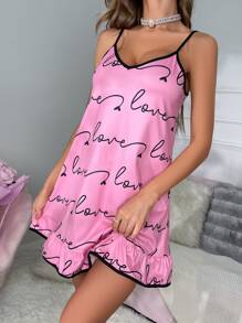 Vestido de dormir de tirantes con estampado de letra bajo con fruncido - Rosa - Ver 3