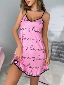 Vestido de dormir de tirantes con estampado de letra bajo con fruncido - Rosa - Ver 5