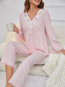 Conjunto de pijama con bordado floral con cordón delantero - Rosa Pálido - Ver 1