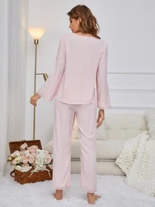 Conjunto de pijama con bordado floral con cordón delantero - Rosa Pálido - Ver 2