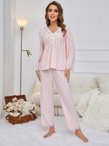 Conjunto de pijama con bordado floral con cordón delantero - Rosa Pálido - Ver 3