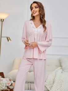 Conjunto de pijama con bordado floral con cordón delantero - Rosa Pálido - Ver 4