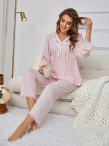 Conjunto de pijama con bordado floral con cordón delantero - Rosa Pálido - Ver 6