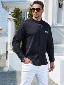 Manfinity Hombres Camisa con estampado de letra con botón - Negro - Ver 4