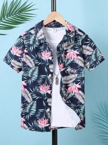 SHEIN Tween Boy Tropical Print Shirt Without Tee, School, Campus, College - Navy Blue - View 2