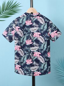 SHEIN Tween Boy Tropical Print Shirt Without Tee, School, Campus, College - Navy Blue - View 3
