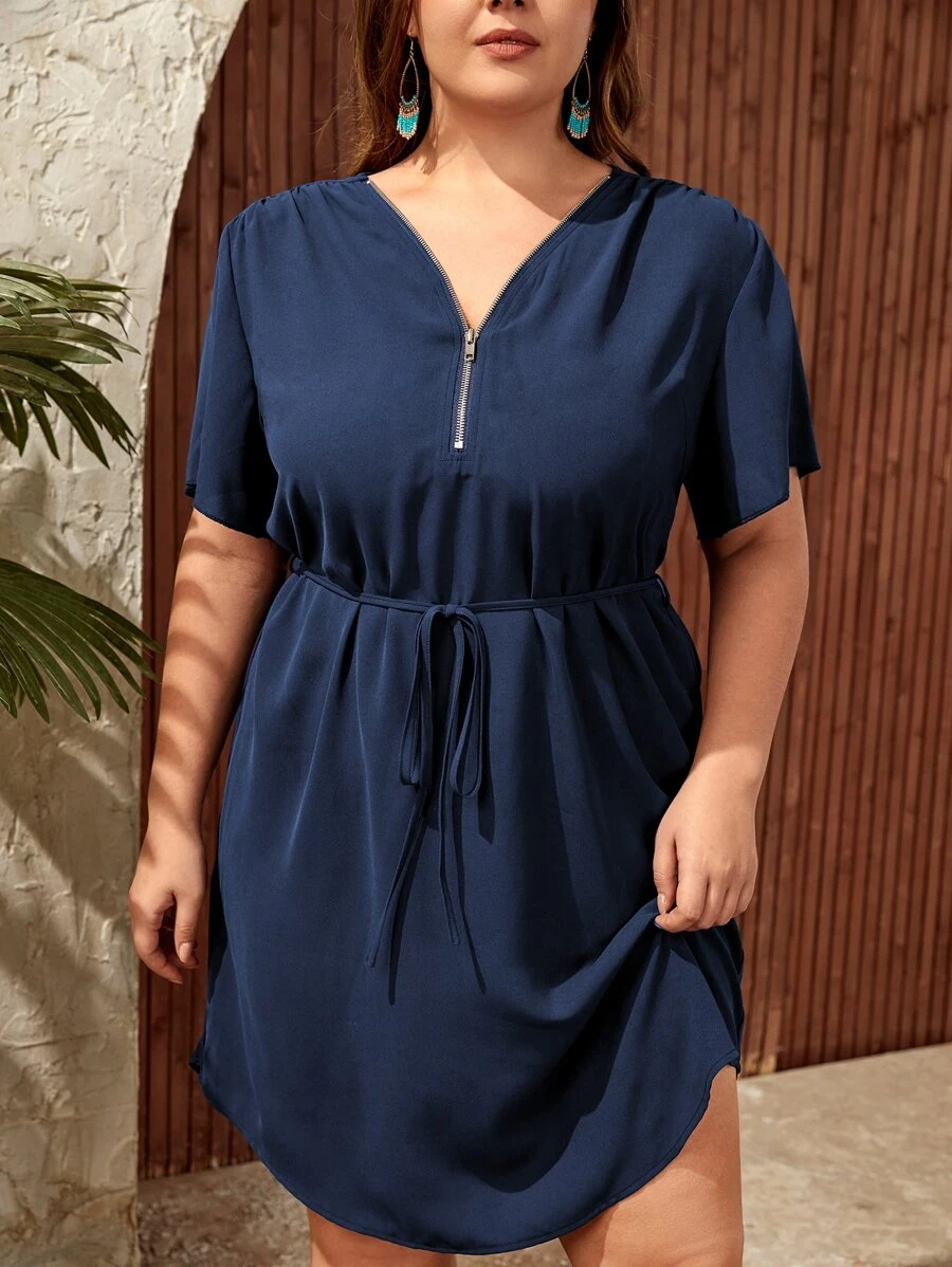 SHEIN LUNE Vestido con cinturón con cremallera media bajo curvo - Azul Marino - Ver 1