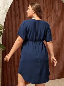 SHEIN LUNE Vestido con cinturón con cremallera media bajo curvo - Azul Marino - Ver 2