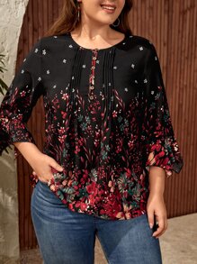 EMERY ROSE Plus Floral Print Fold Pleated Detail Blouse - Black - View 1