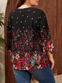 EMERY ROSE Plus Floral Print Fold Pleated Detail Blouse - Black - View 2
