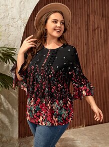 EMERY ROSE Plus Floral Print Fold Pleated Detail Blouse - Black - View 3