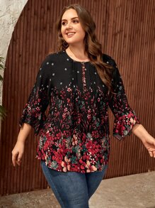 EMERY ROSE Plus Floral Print Fold Pleated Detail Blouse - Black - View 4